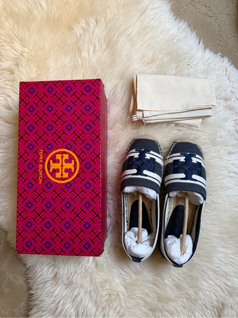 Tory Burch DOUBLE T JACQUARD ESPADRILLE STRIPE LOGO JACQUARD Brand New